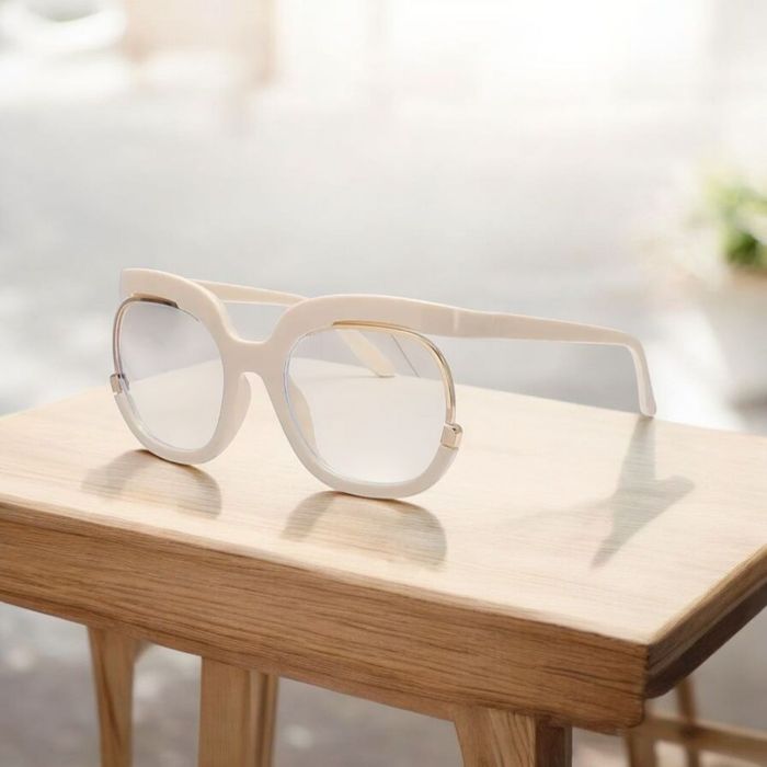 Ozdobne okulary beżowe przezroczyste eleganckie ozdobne zerówki biuro