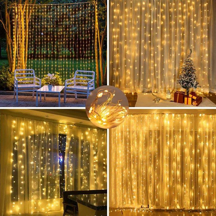 Kurtyna świetlna LED 3X3m 300 led lampki ciepły biały USB