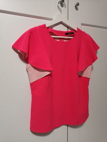 Różowa bluzka z krótkim rękawkiem i falbanką neon Mohito 36 S