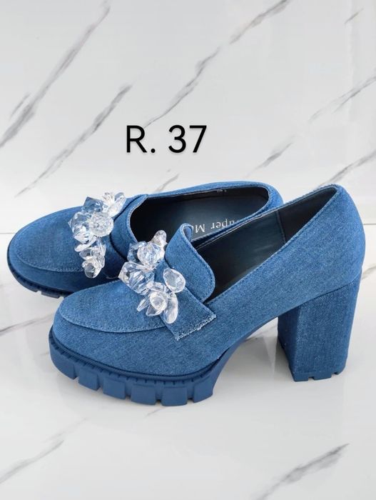 Buty nowe na słupku imitujące jeans z kryształkami r. 37
