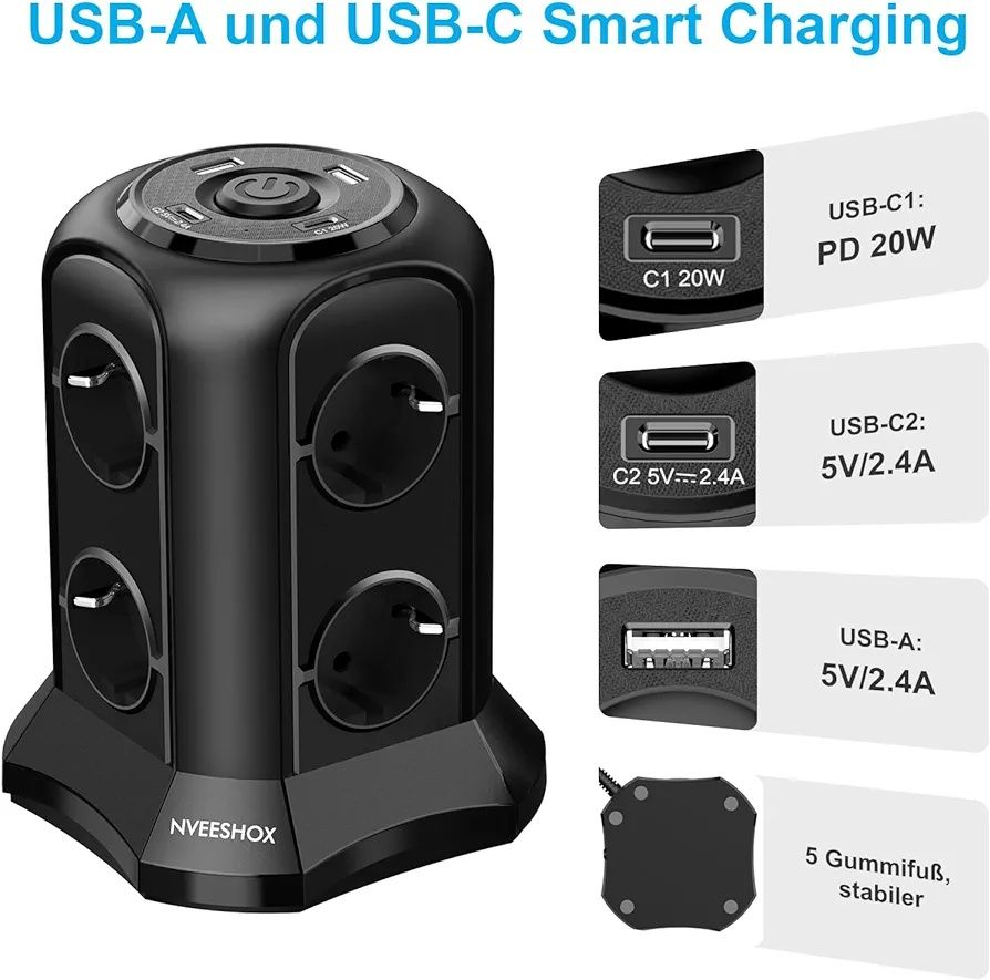 Listwa zasilająca toprek tower 4000w 8 gniazd 2 usb a 2 usb c pionowa