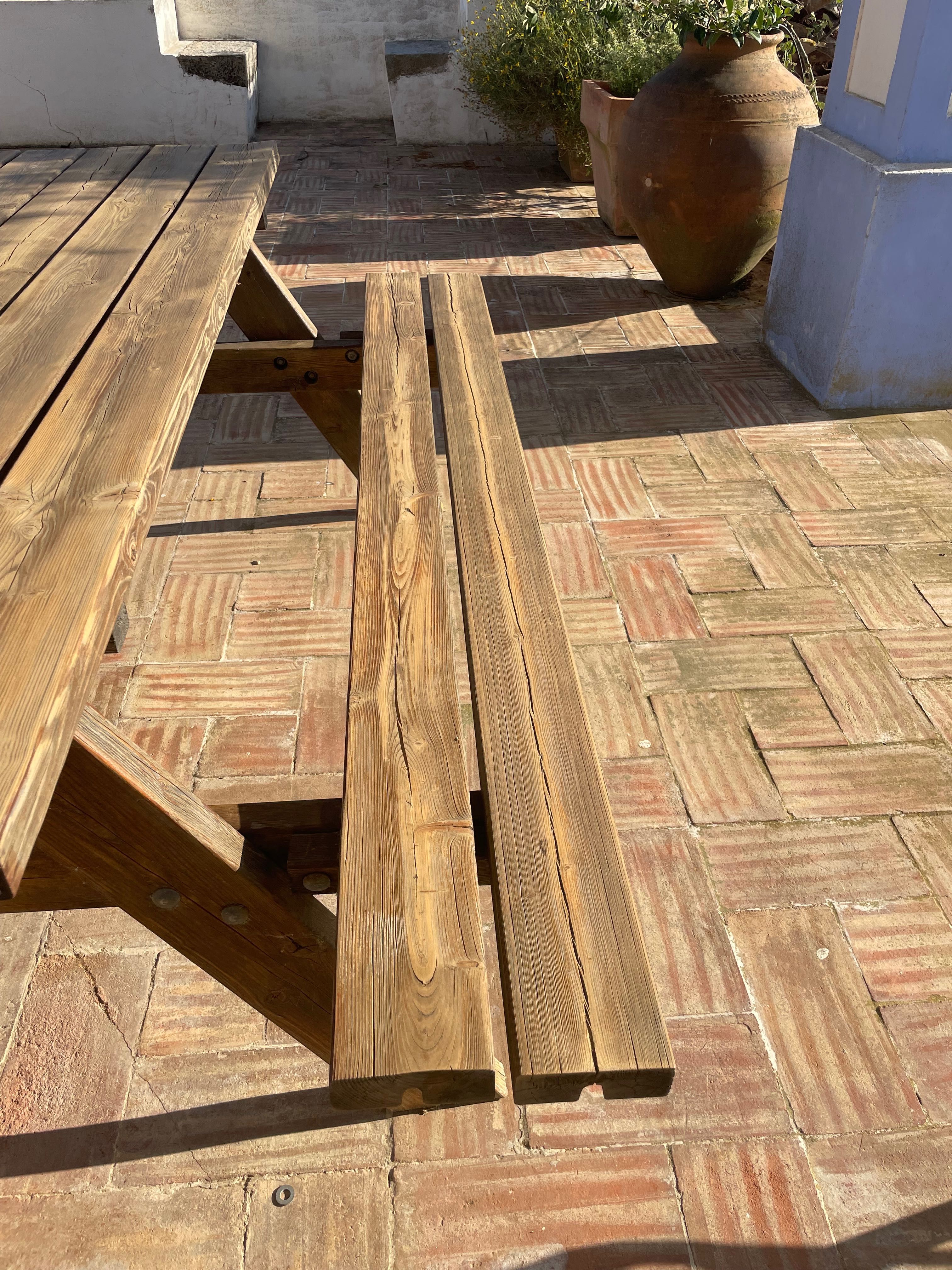 Mesa piquenique de madeira, mesa exterior jardim com bancos corridos