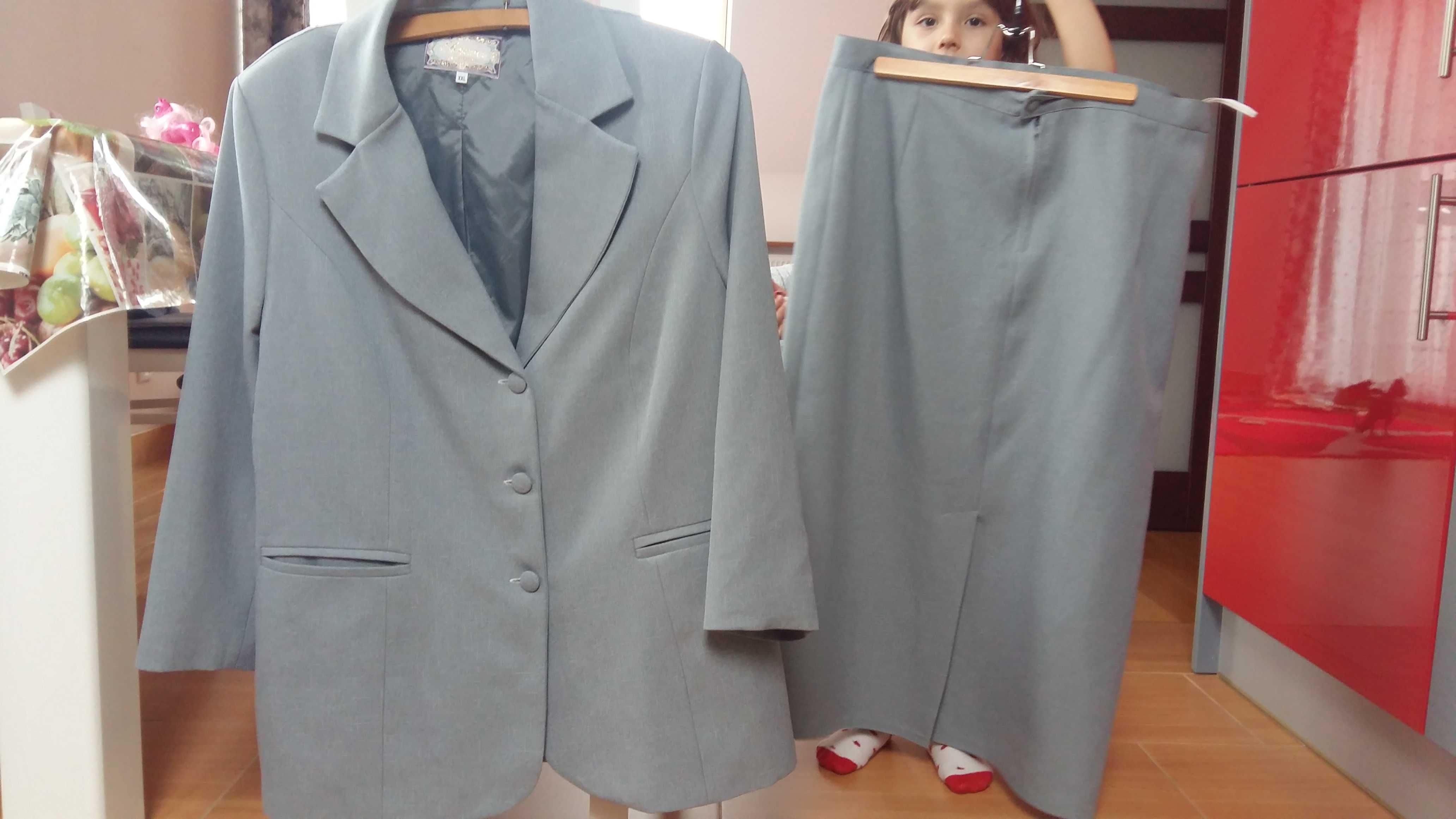 Komplet elegancki XXL szary marynarka+spódnica Komunia Chrzciny Wesele