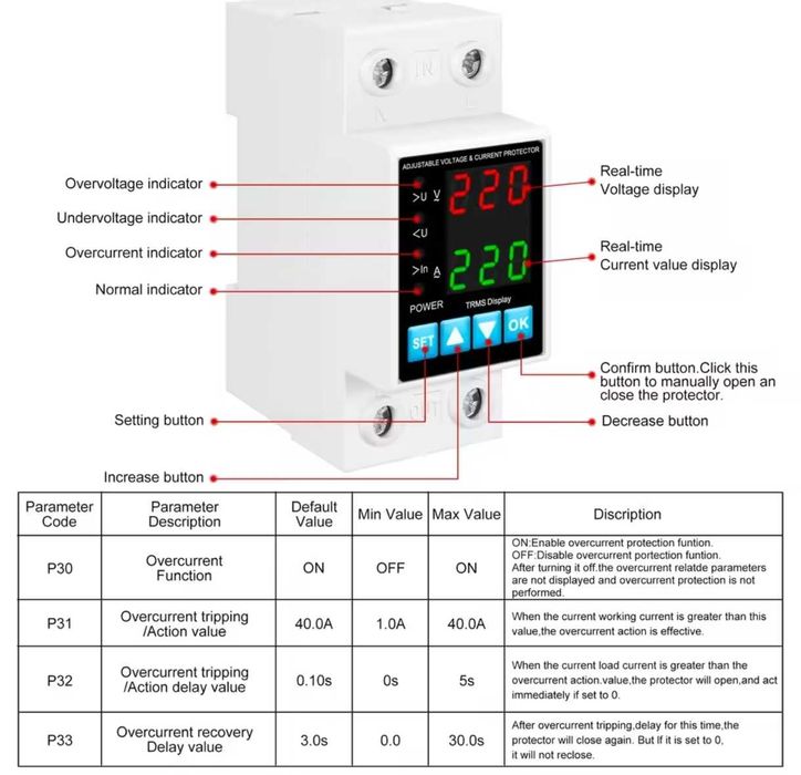 Реле напруги,40 А,з захистом по струму та программуванням