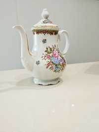 Bule de chá e prato de bolo em porcelana Limoges