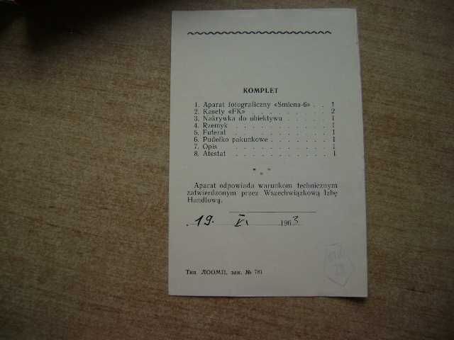 Starocie z PRL Aparat fotograficzny Smiena 6 pudełko+instrukcja 1963r.