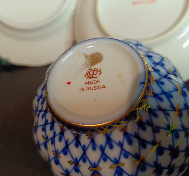 Zestaw śniadaniowy, trio porcelanowe, siatka kobaltowa, Łomonosow