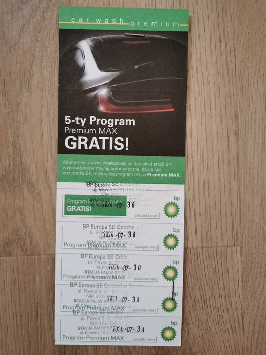 Karnet na myjnie automatyczną BP 5 x Program Premium MAX [30.07.2024]