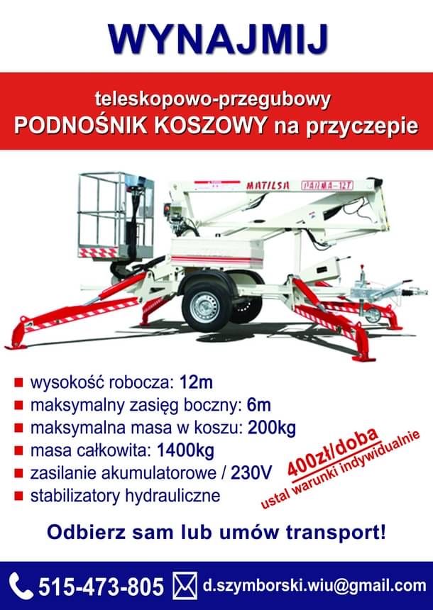 Podnośnik koszowy zwyżka na przyczepie wynajem usługa
