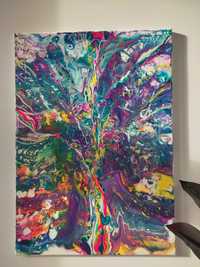 Obraz kolorowy abstrakcja 50x70, akryle na płótnie, pouring