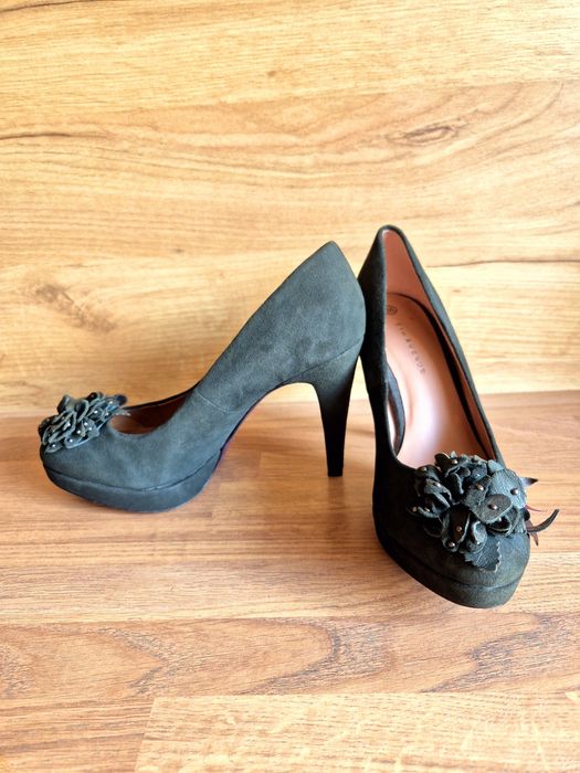 5TH AVENUE 38 eleganckie ciemnozielone czółenka na platformie skóra 38