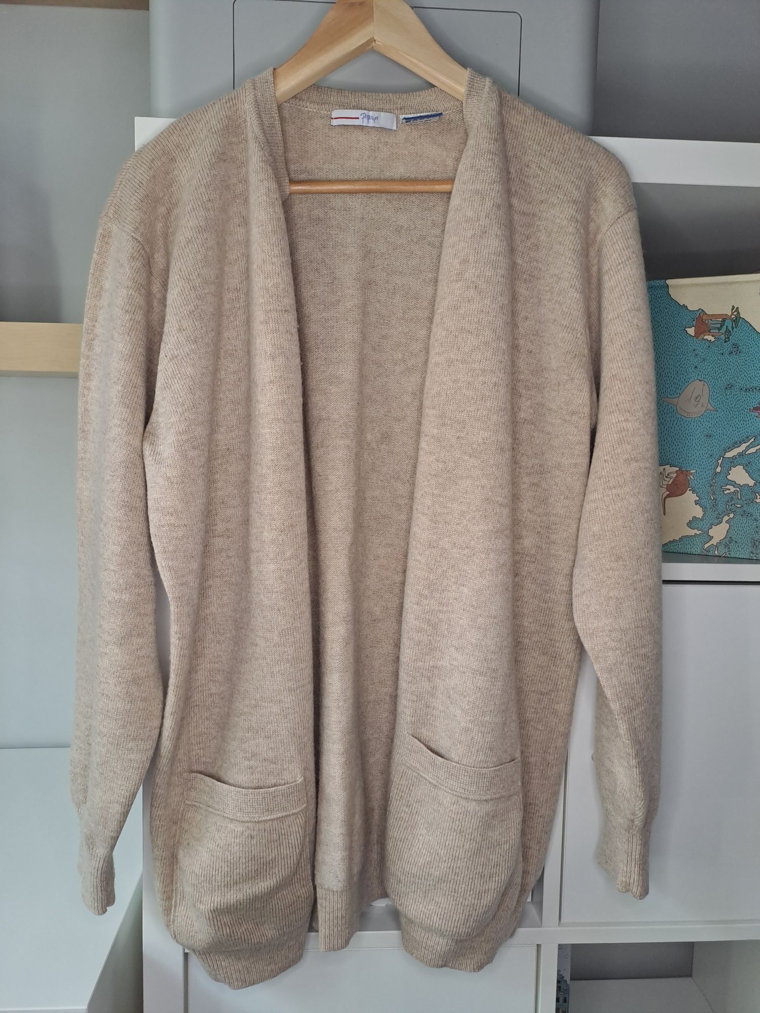 Beżowy sweter kardigan 100% wełny jagnięcej Papaya oversize XS, S, M