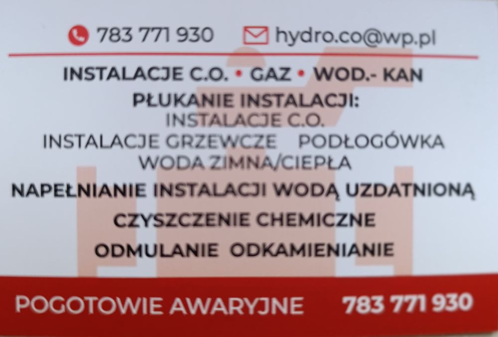 Płukanie instalacji CO czyszczenie chemiczne hydraulik Polkowice