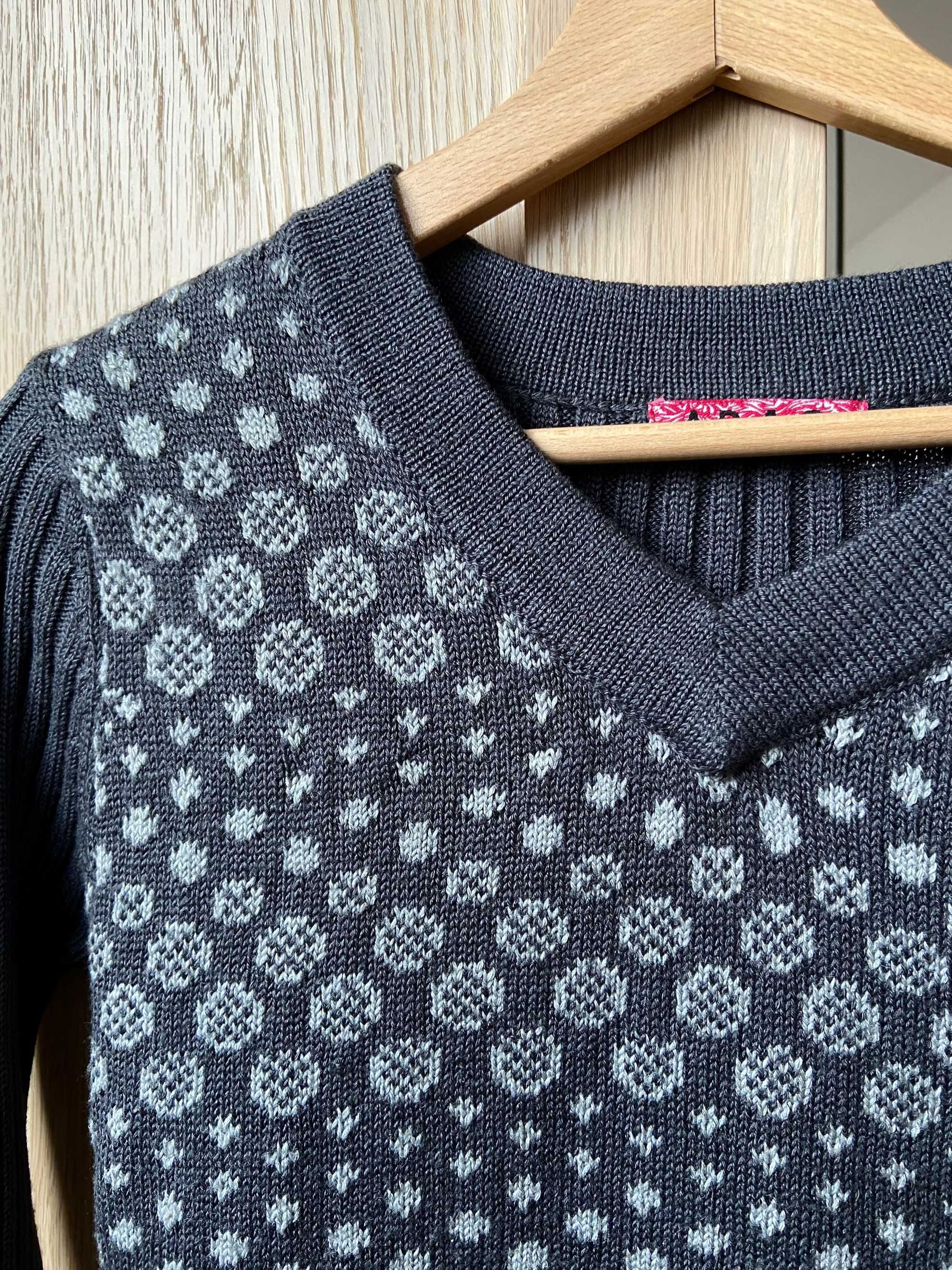 Szary sweter we wzorki, 35% wełna, rozmiar S/M, vintage 2000