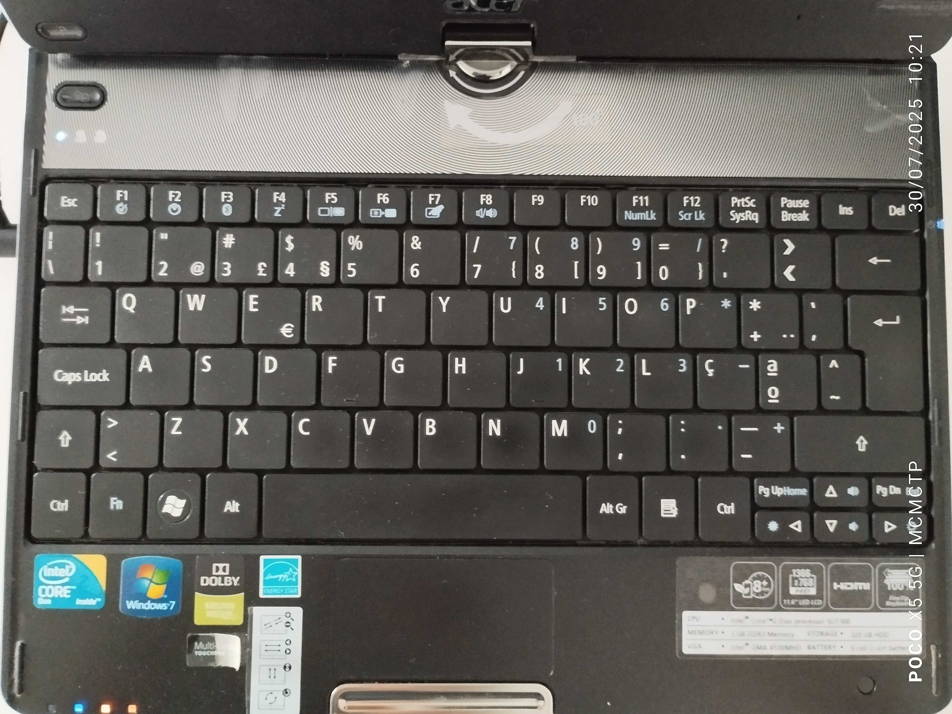 Acer Aspire 1825PT, ecrã tátil de 11.6", CPU Intel, 3GB RAM, 320GB HDD