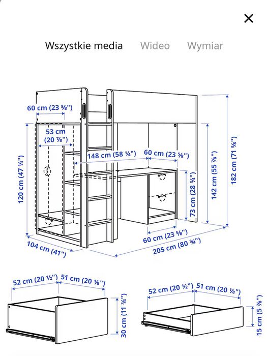 Łozko na antresoli Ikea Smästad
