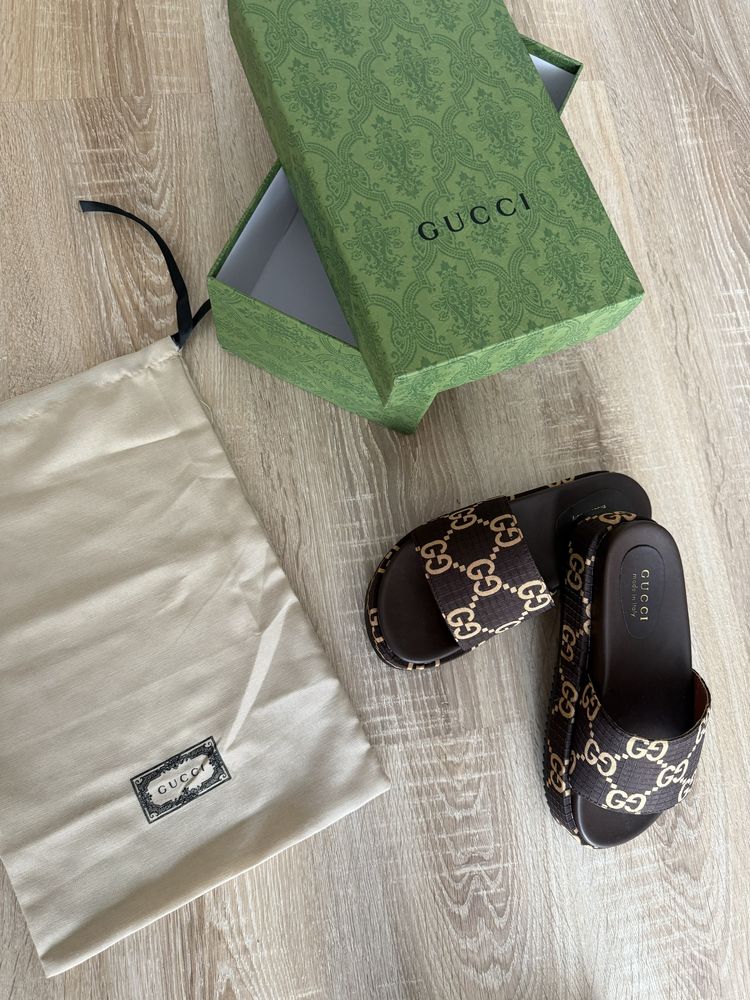 Klapki GG plaforma platform gruba podeszwa czekoladowe Gucci