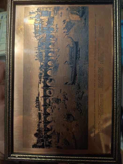 Гравюра з позолотою,вид на Темзу та Вестмінстер.Лондон.