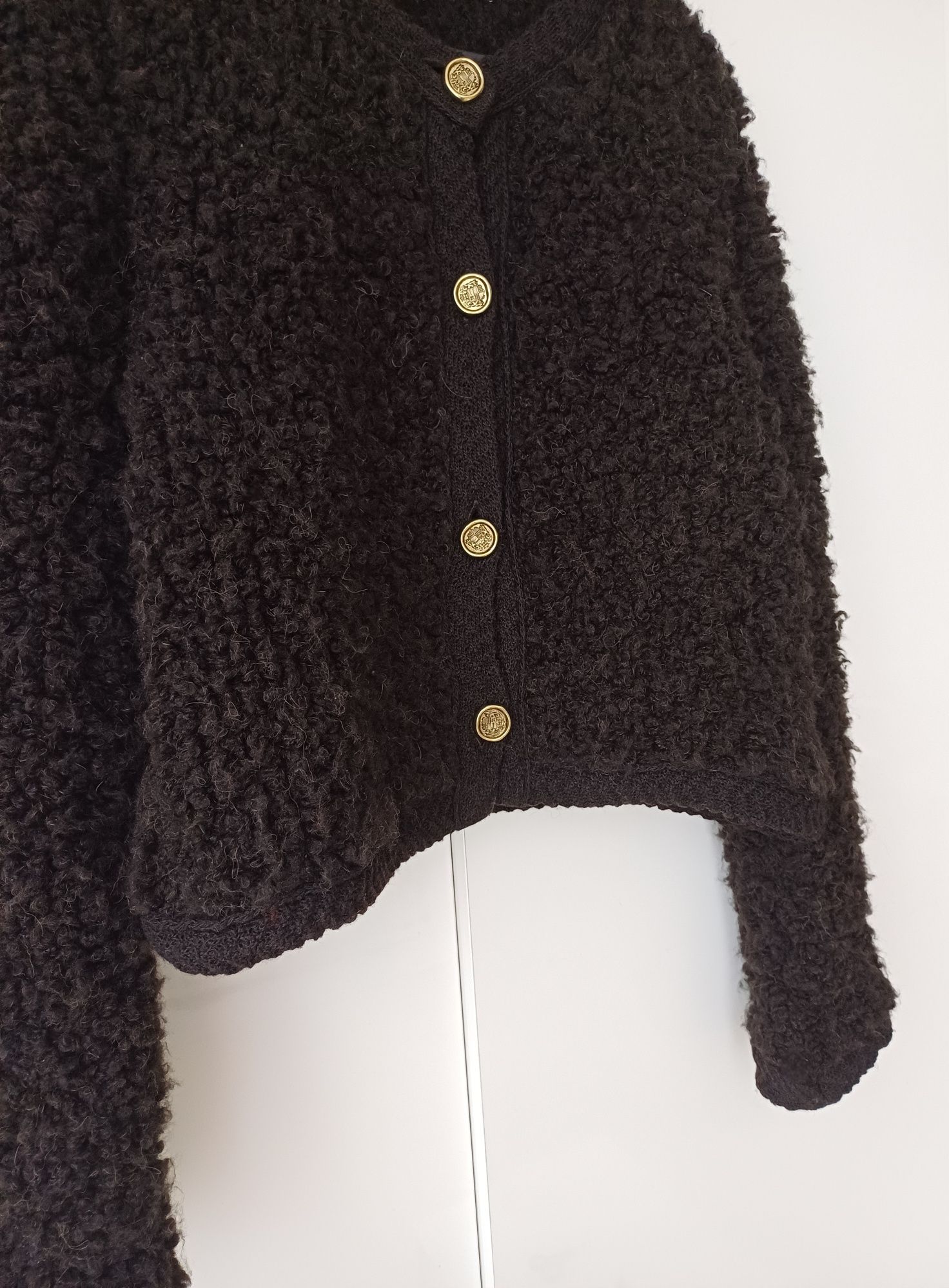 Massimo Dutti kardigan wełna alpaka brązowy sweter boucle złote guziki