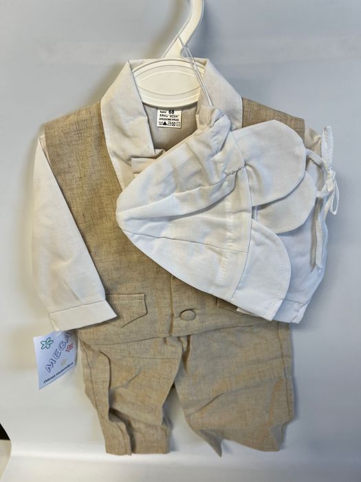 Komplet Chrzest dla Chłopca / Len / Beżowy - rozmiar 68