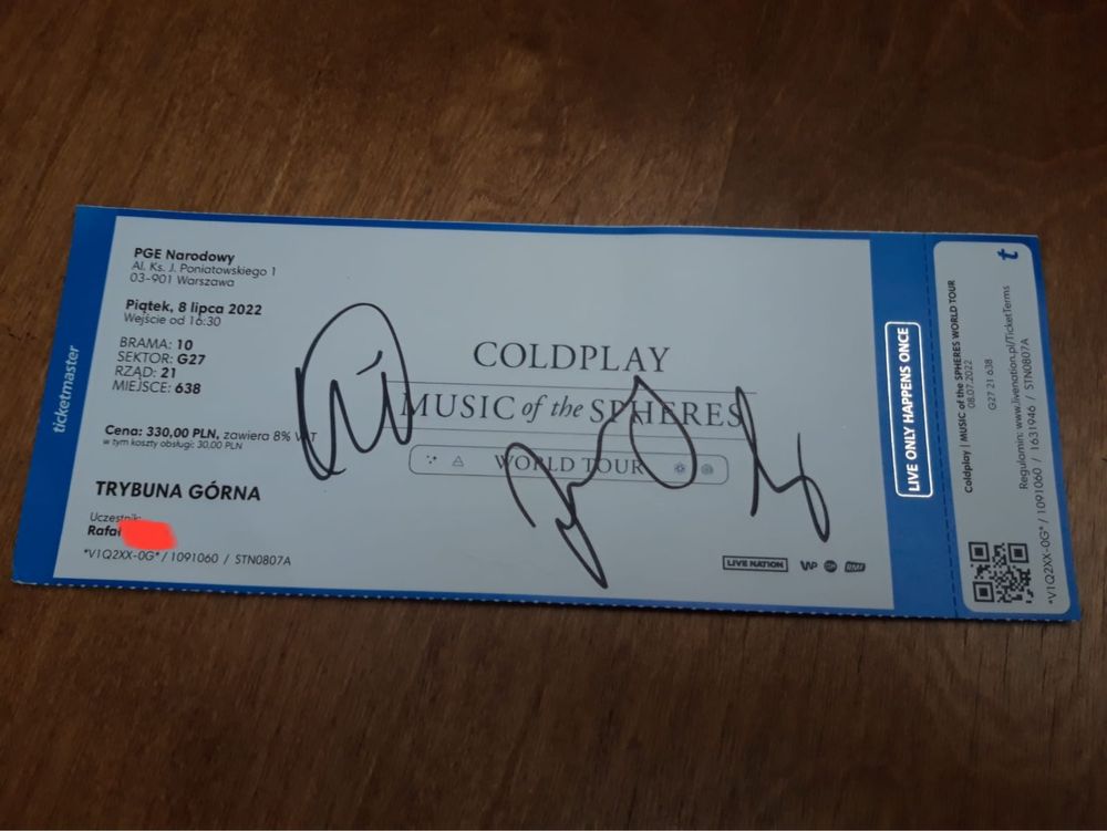 Coldplay - AUTOGRAFY, bilet z koncertu z autografami +DOWÓD zdobycia