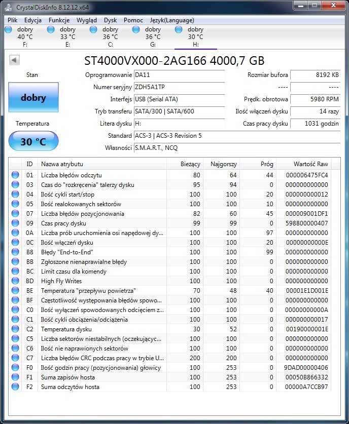 Dysk 4TB ST4000VX000 SATA III Seagate SkyHawk mało używany