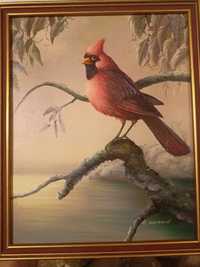Piękny obraz olejny na płycie ,ptak, L. Saimon wyprzedaż kolekcji