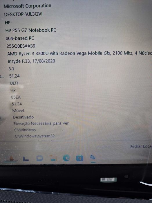 motherboard HP 255 G5 processador AMD rysen 3 3300U