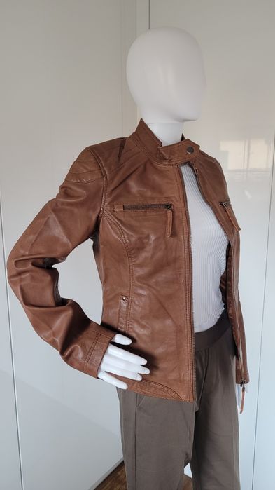 Kurtka damska ramoneska ze skóry naturalnej brązowa XS