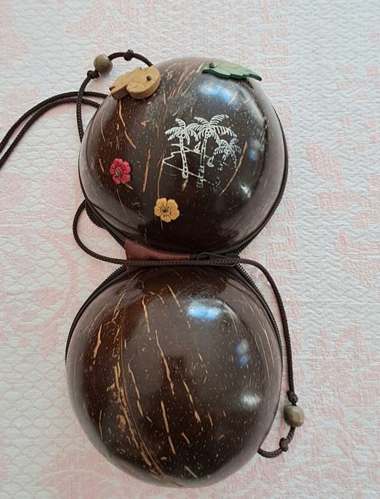 Bolsa/Mala em casca de  Côco, com decorações em madeira