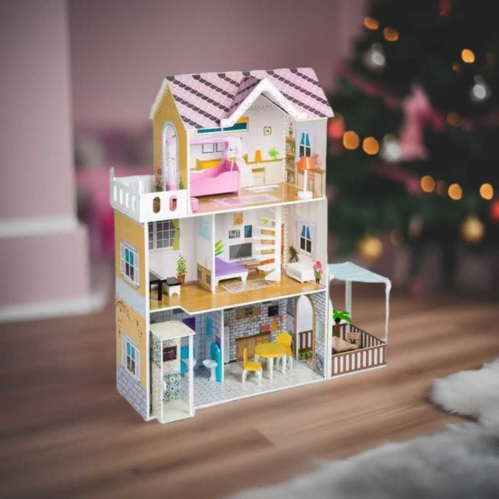 Drewniany domek dla lalek Villa Marysia 120 cm z windą i tarasem + LED