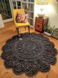 tapete-mandala crochet-relevo trapilho algodão cinzento-azul 1,65m