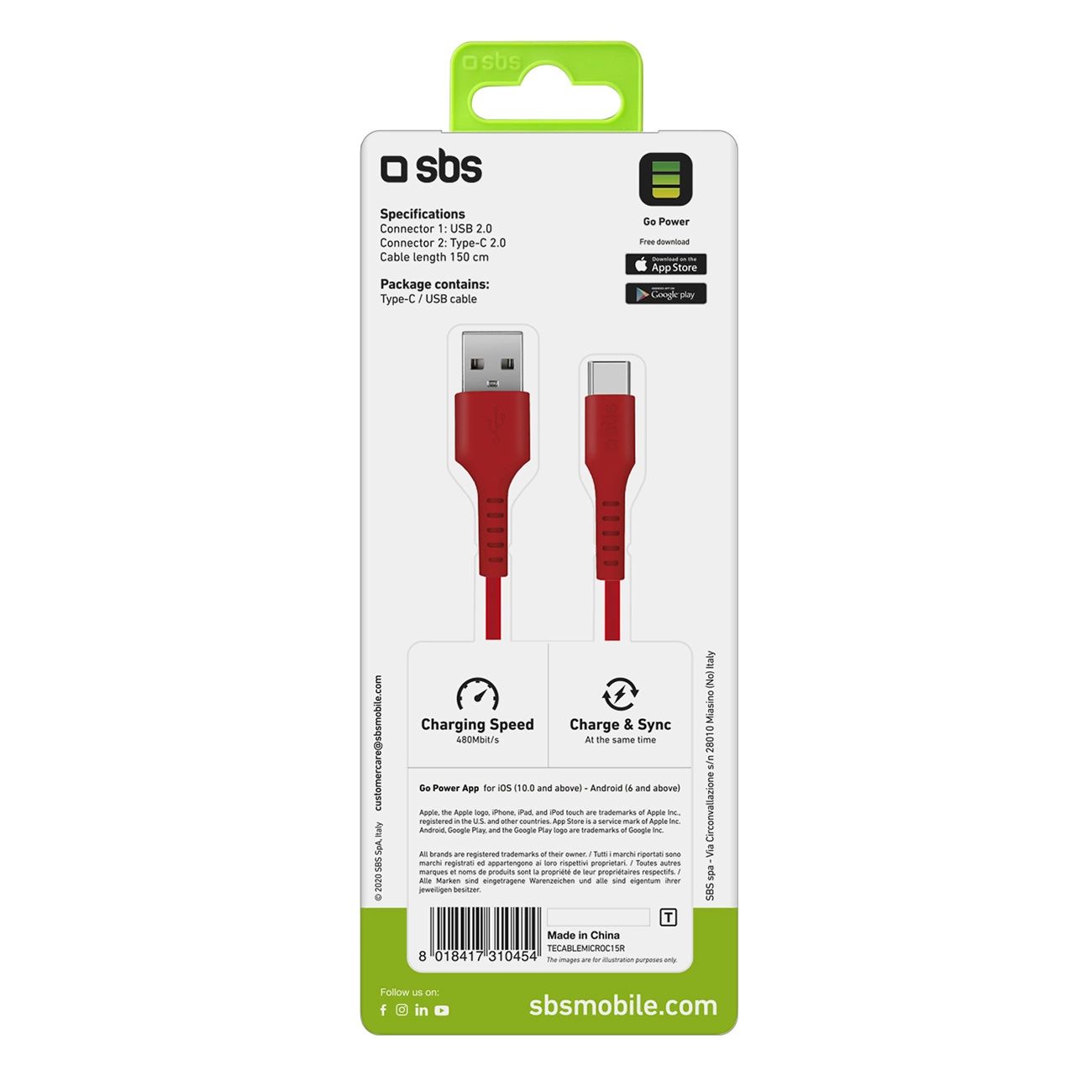 Kabel Sbs Tecablemicroc15R Usb-A - Usb-C 1,5 M - Czerwony