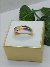 Złoty pierścionek kolorowe cyrkonie, złoto 585 r.20