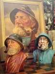 Pescador Quadro Vintage + 2 estatuetas antigas pintor Harry Haerendel