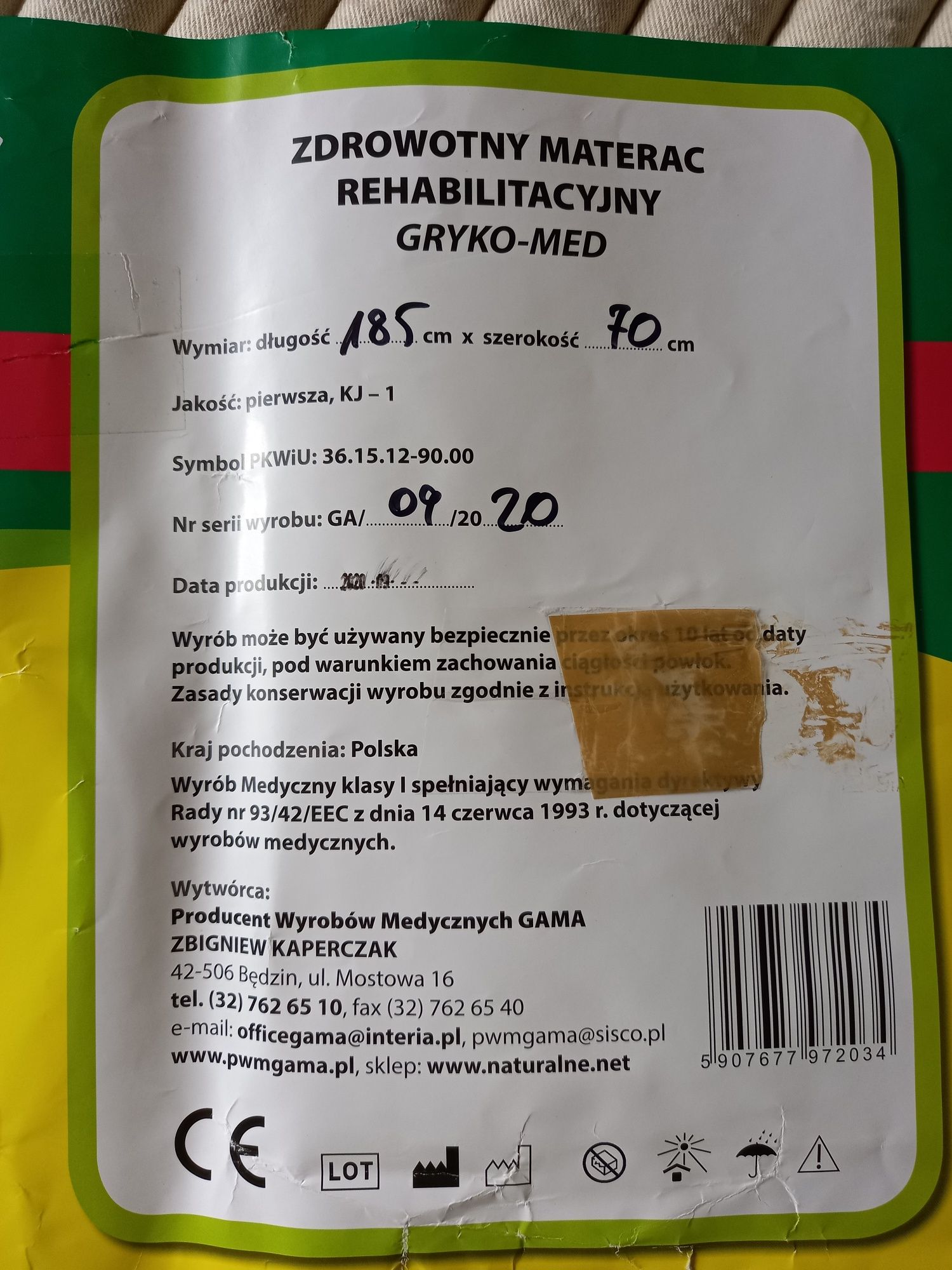 Materac rehabilitacyjny zdrowotny GRYKO-MED