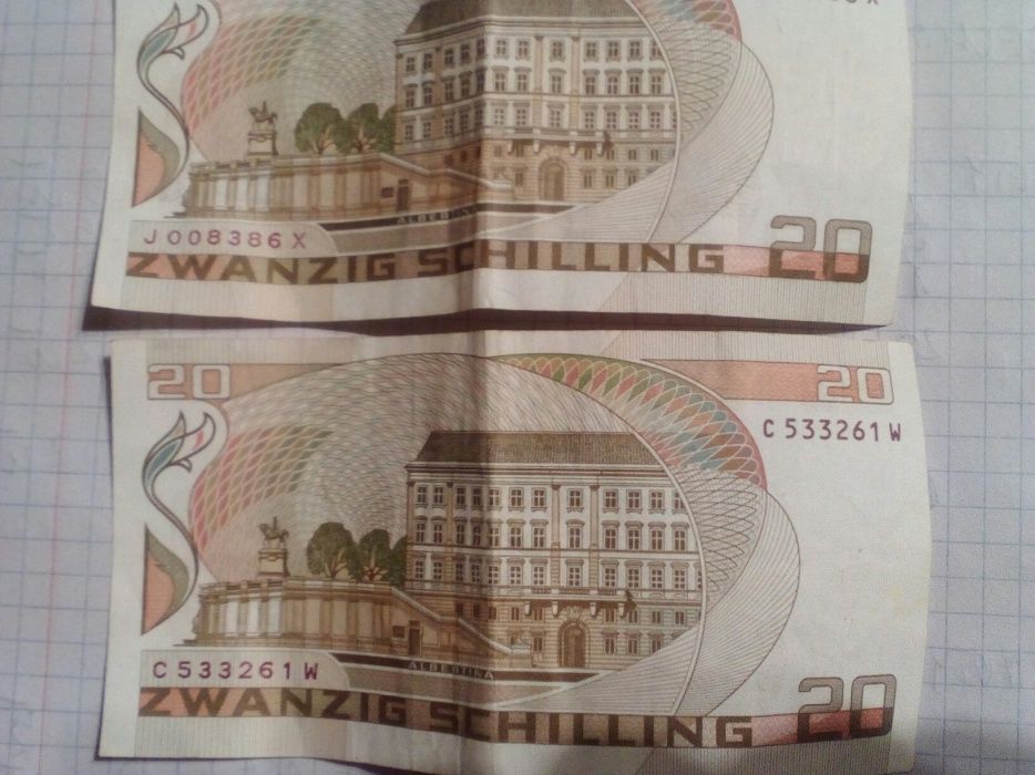 Banknoty i monety Austria 20, 5 i 1schilling