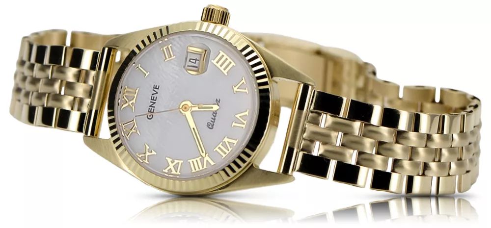 Złoty zegarek damski 14k Geneve z perłową tarczą lw020ydpr&lbw008y K