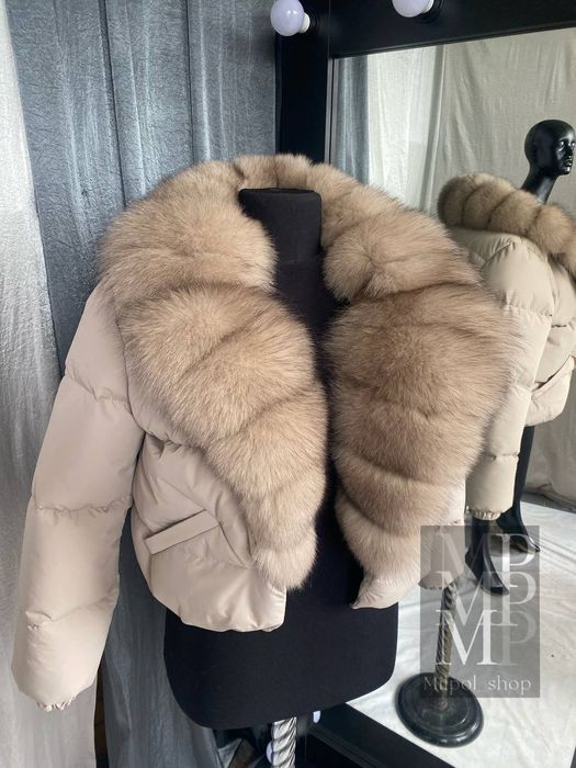 Пуффер, женский короткий пуховик с натуральным мехом песца, 42-54 рр