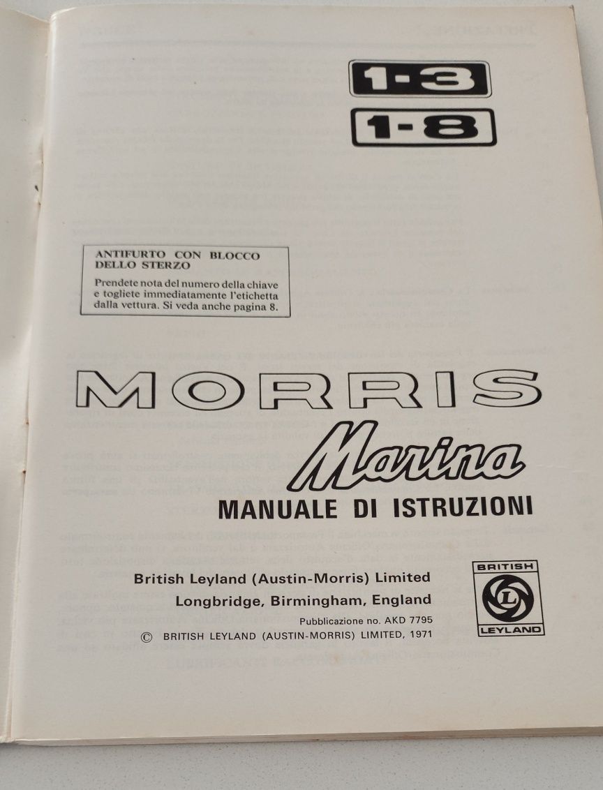 manual do Condutor/Instruções do Morris Marina de 1971