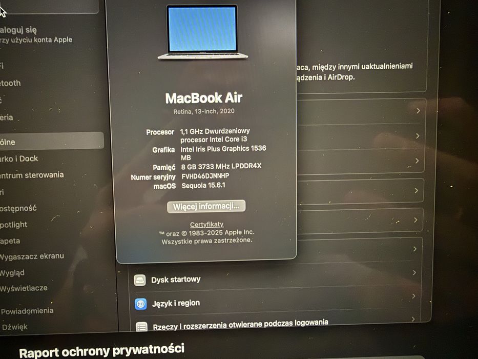 Macbook air 13 2020 ram 8gb 256gb dysk