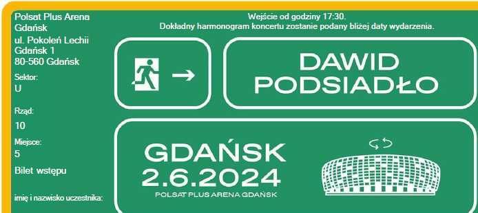 Dwa Bilety na koncert Dawida Podsiadło 02.06 Gdańsk.