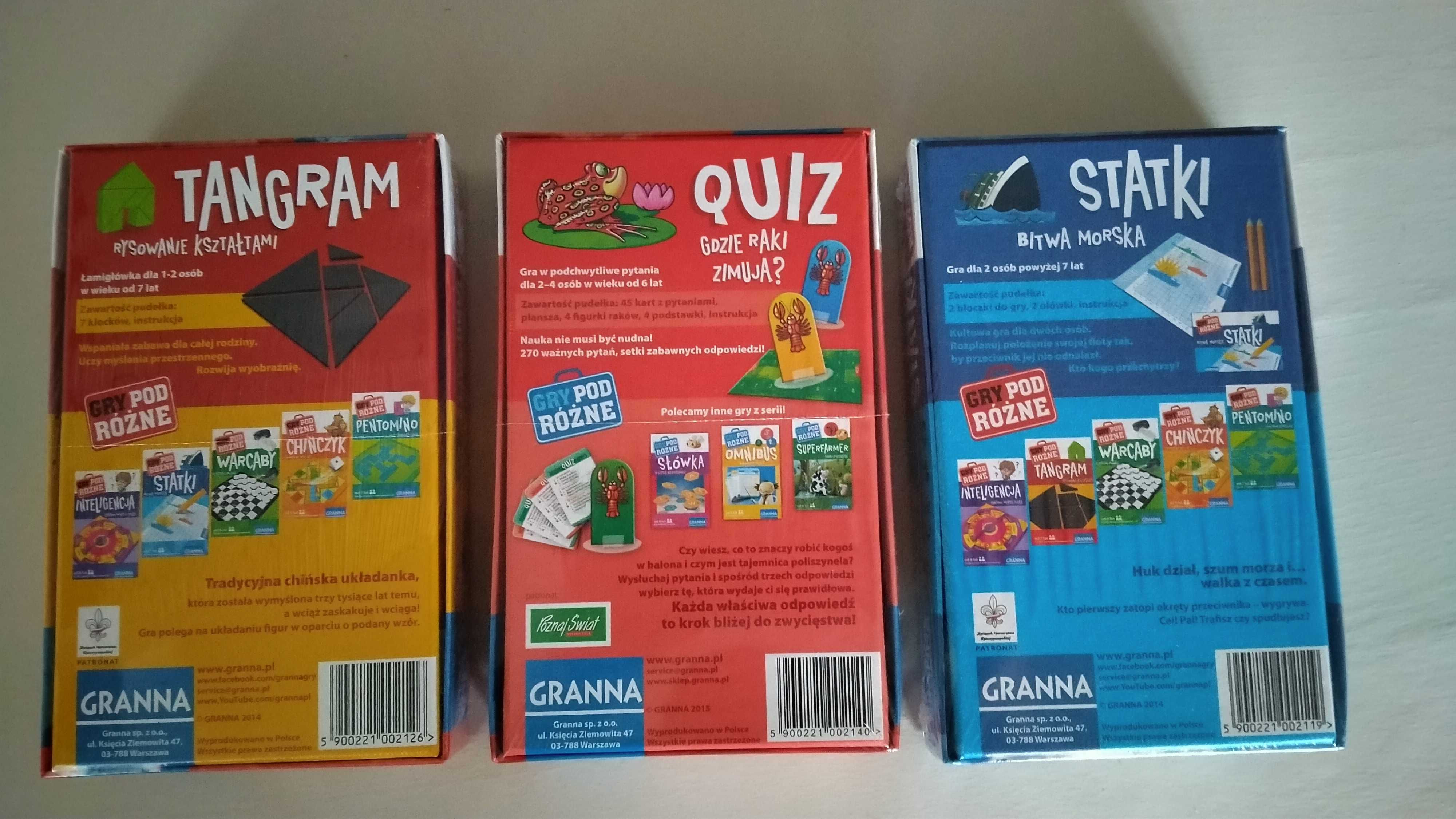 GRANNA Zestaw 3 nowych gier firmy Tangram, Quiz, Statki