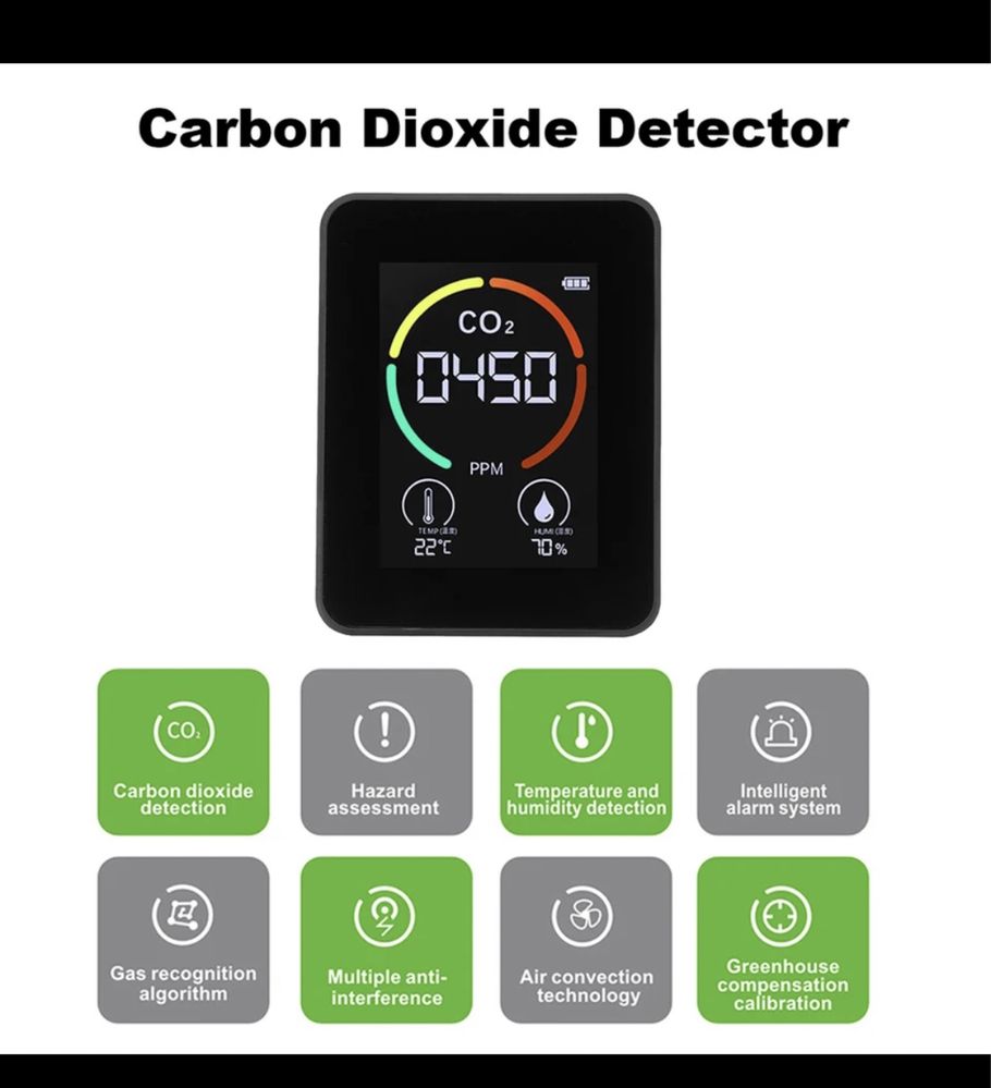 CO2  czujnik, termometr, wskaźnik wilgotności i jakości powietrza