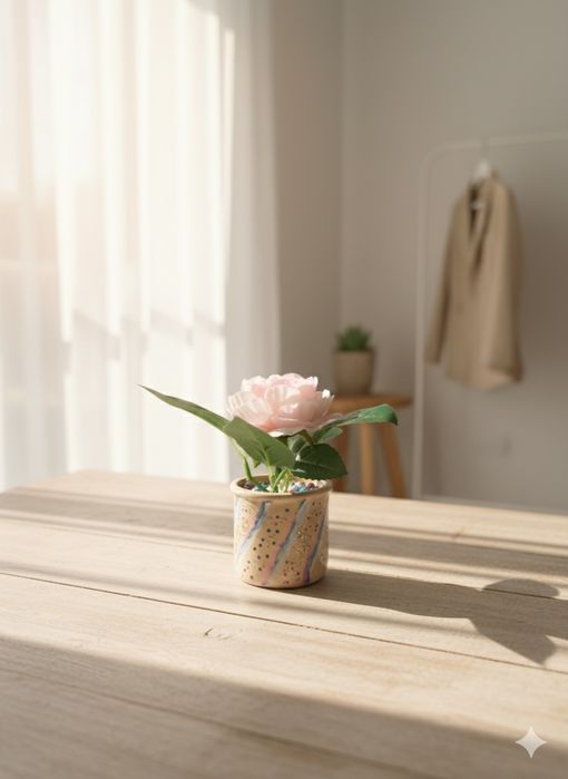 Unikalny wazonik Ceramiczny Ręcznie Malowany  Sztuczny Różowy Kwiat  D