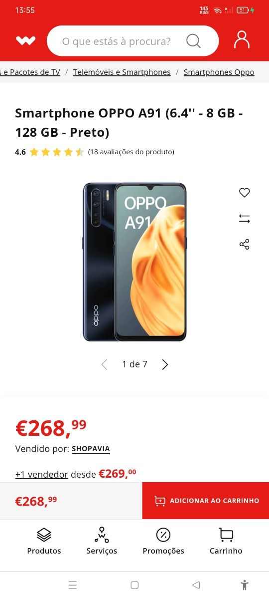 Smartphone OPPO A91 (6.4'' - 8 GB - 128 GB - Preto)