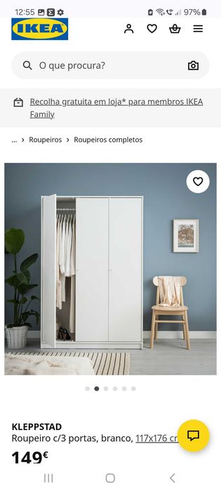 Vendo roupeiro 3 portas Branco Ikea KLEPPSTAD