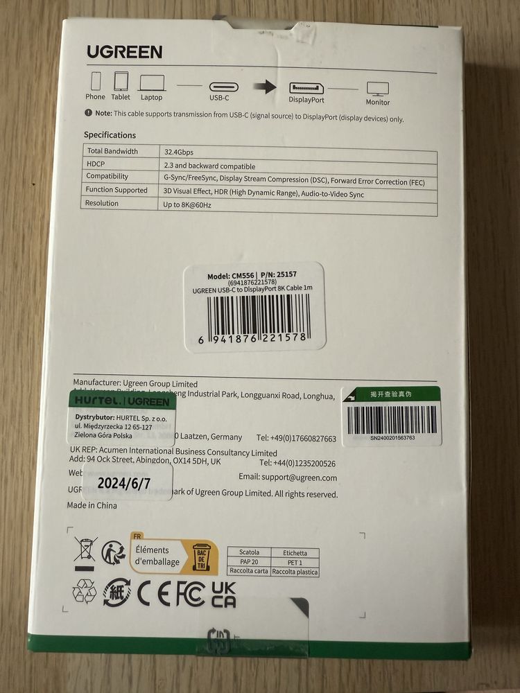 Kabel UGreen USB-C-Display Port 1m