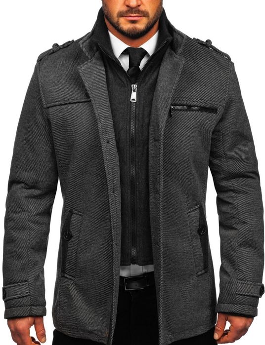 Szary płaszcz męski zimowy z odpinanym kołnierzem Denley 2128