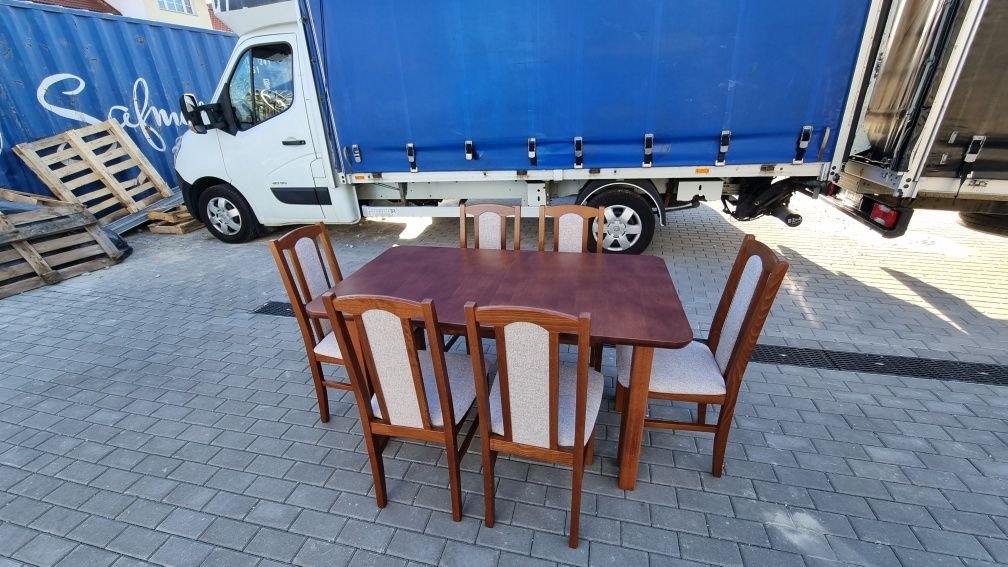 Nowe: Stół i 6 krzeseł, kasztan+kawa z mlekiem FORNIR, dostawa cała PL